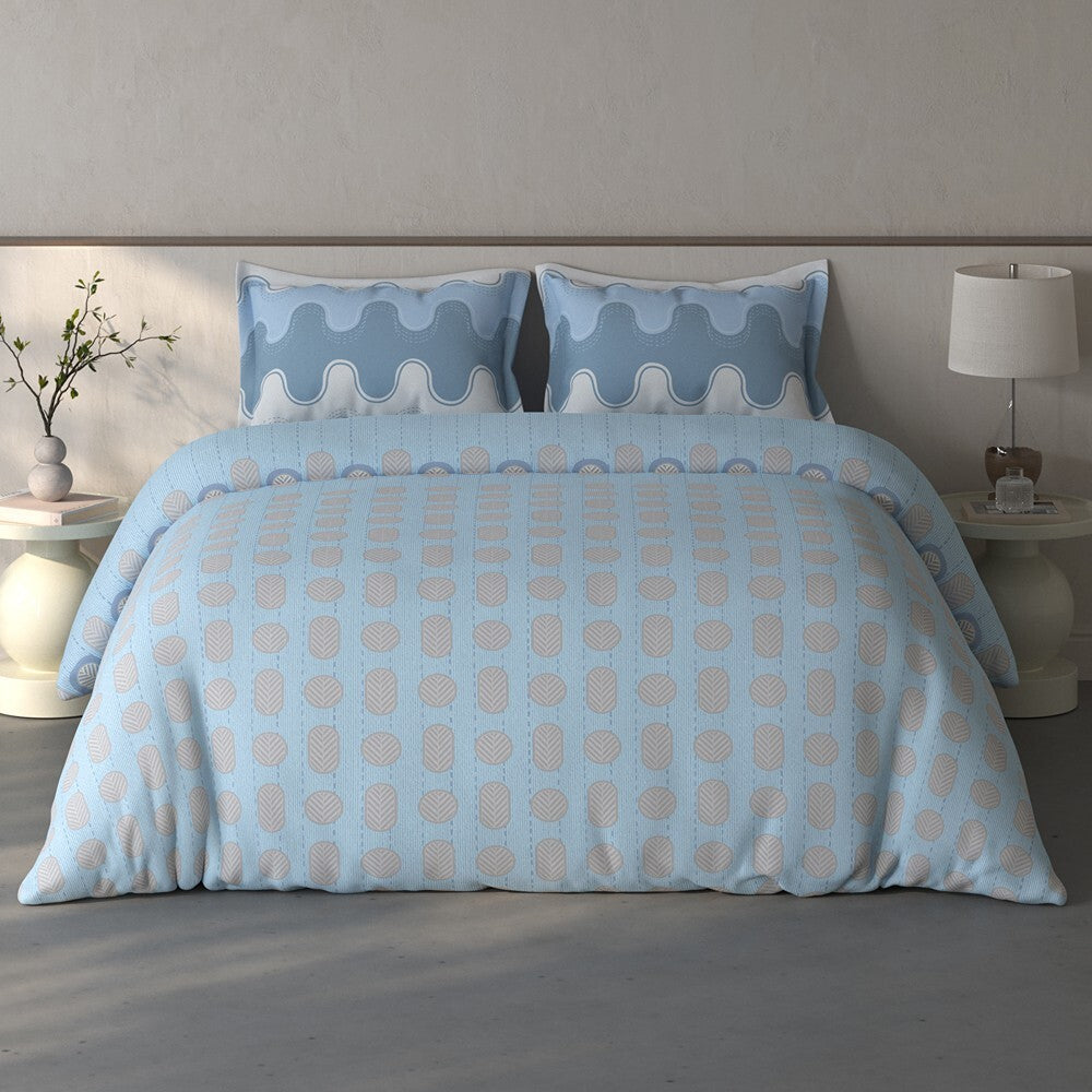 Spaces Fiora Geometric 100% Cotton Large Bedsheet with 2 Pillow Covers - 108 x 108 Inches, Blue