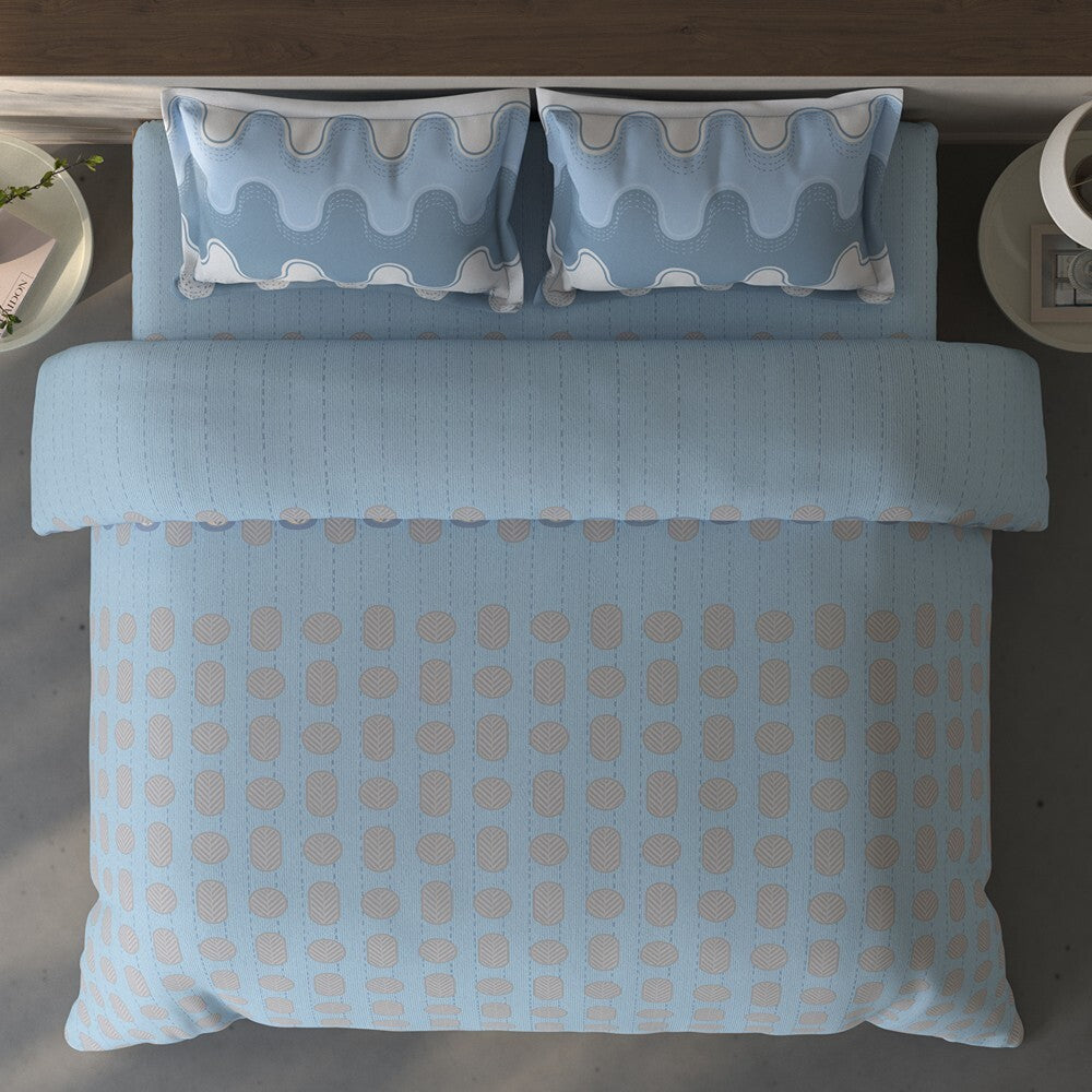 Spaces Fiora Geometric 100% Cotton Large Bedsheet with 2 Pillow Covers - 108 x 108 Inches, Blue