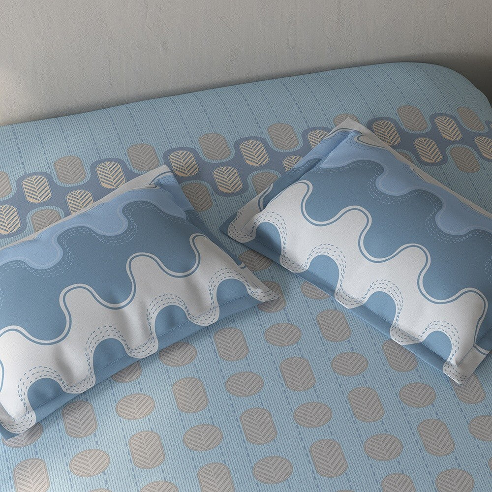 Spaces Fiora Geometric 100% Cotton Large Bedsheet with 2 Pillow Covers - 108 x 108 Inches, Blue