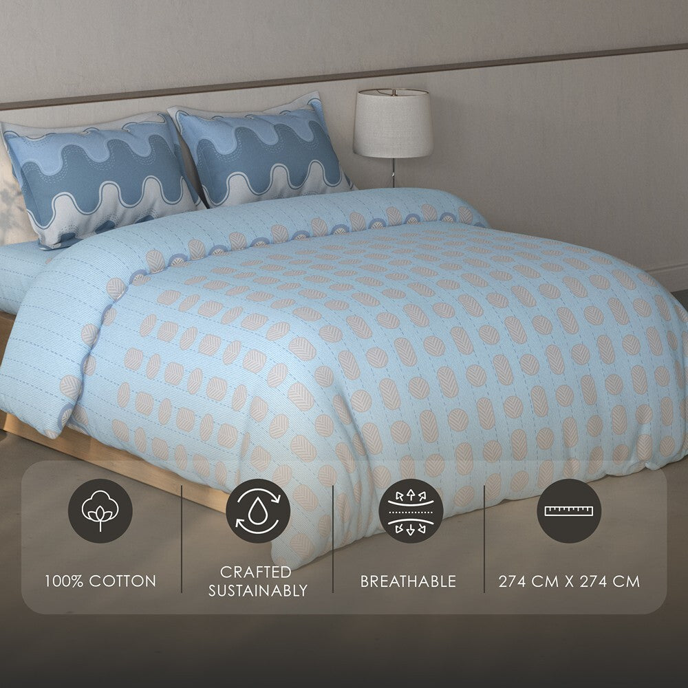 Spaces Fiora Geometric 100% Cotton Large Bedsheet with 2 Pillow Covers - 108 x 108 Inches, Blue