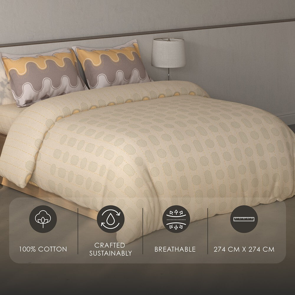 Spaces Fiora Geometric 100% Cotton Large Bedsheet with 2 Pillow Covers - 108 x 108 Inches, Beige