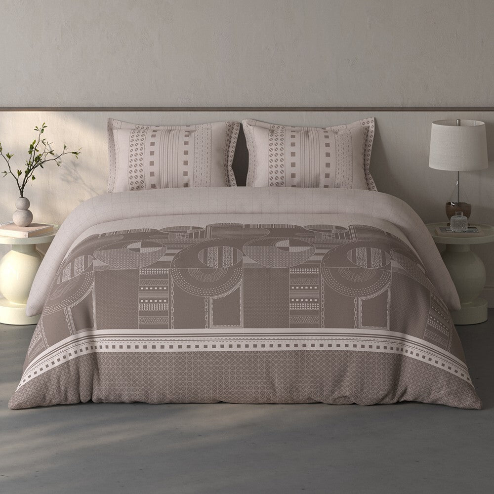 Spaces Fiora Geometric 100% Cotton Large Bedsheet with 2 Pillow Covers - 108 x 108 Inches, Light Taupe