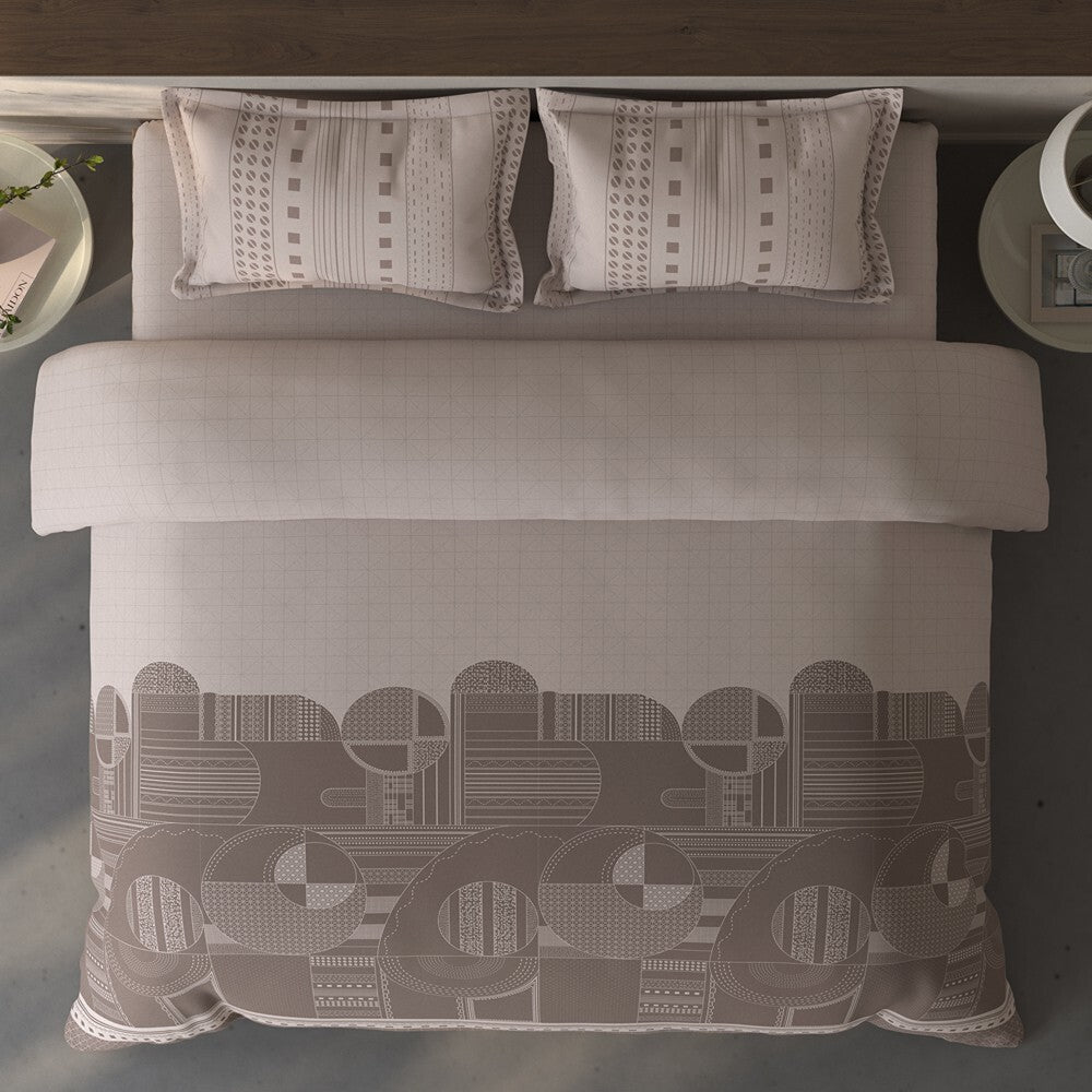 Spaces Fiora Geometric 100% Cotton Large Bedsheet with 2 Pillow Covers - 108 x 108 Inches, Light Taupe