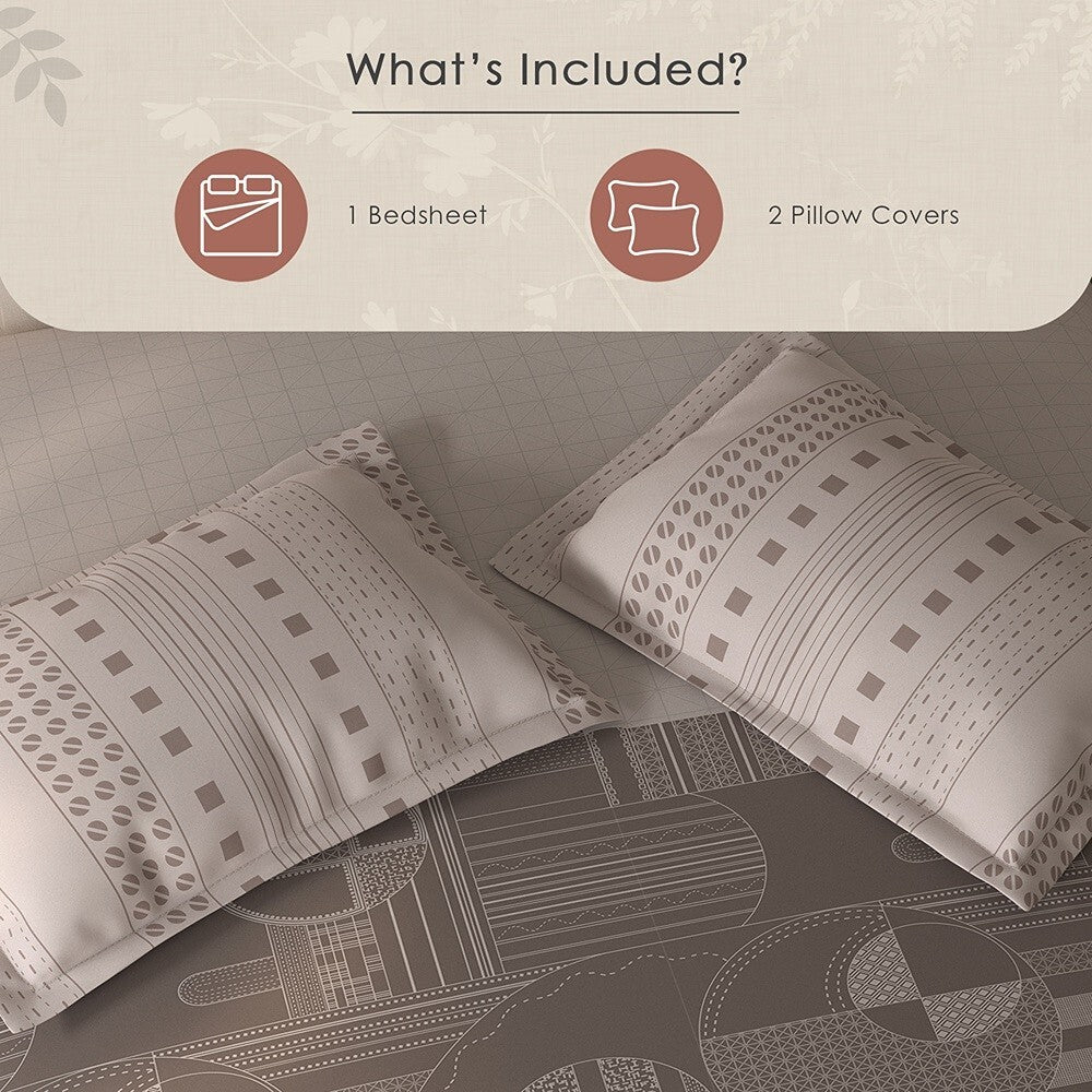 Spaces Fiora Geometric 100% Cotton Large Bedsheet with 2 Pillow Covers - 108 x 108 Inches, Light Taupe