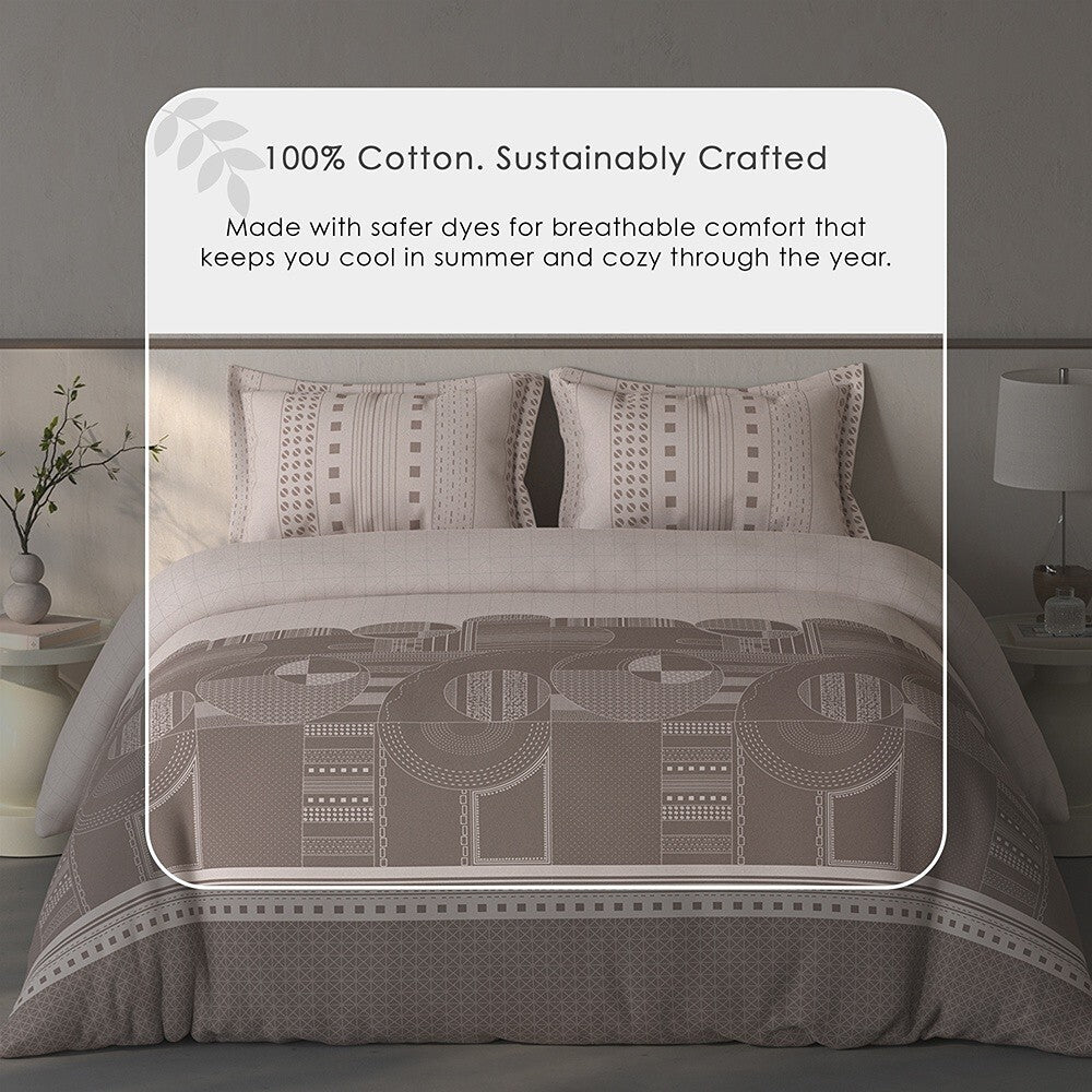 Spaces Fiora Geometric 100% Cotton Large Bedsheet with 2 Pillow Covers - 108 x 108 Inches, Light Taupe
