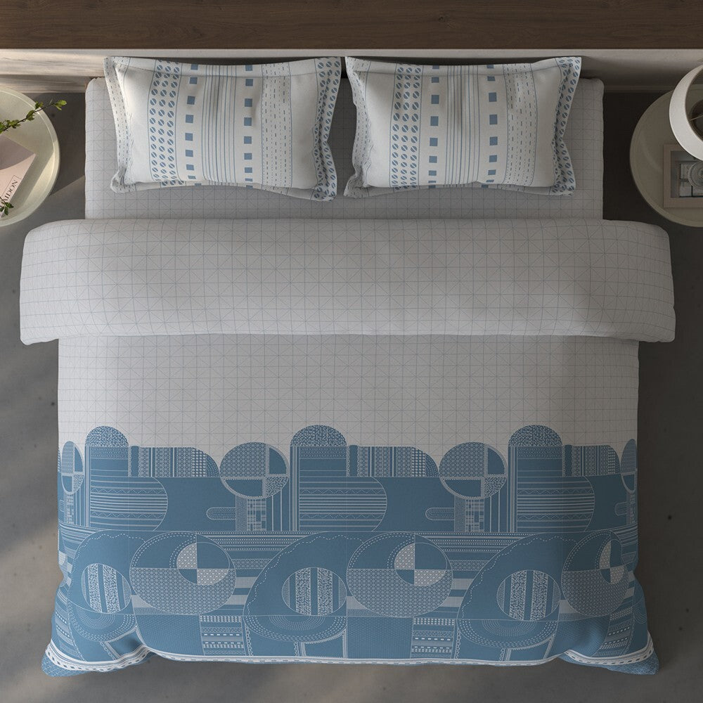 Spaces Fiora Geometric 100% Cotton Large Bedsheet with 2 Pillow Covers - 108 x 108 Inches, Light Grey