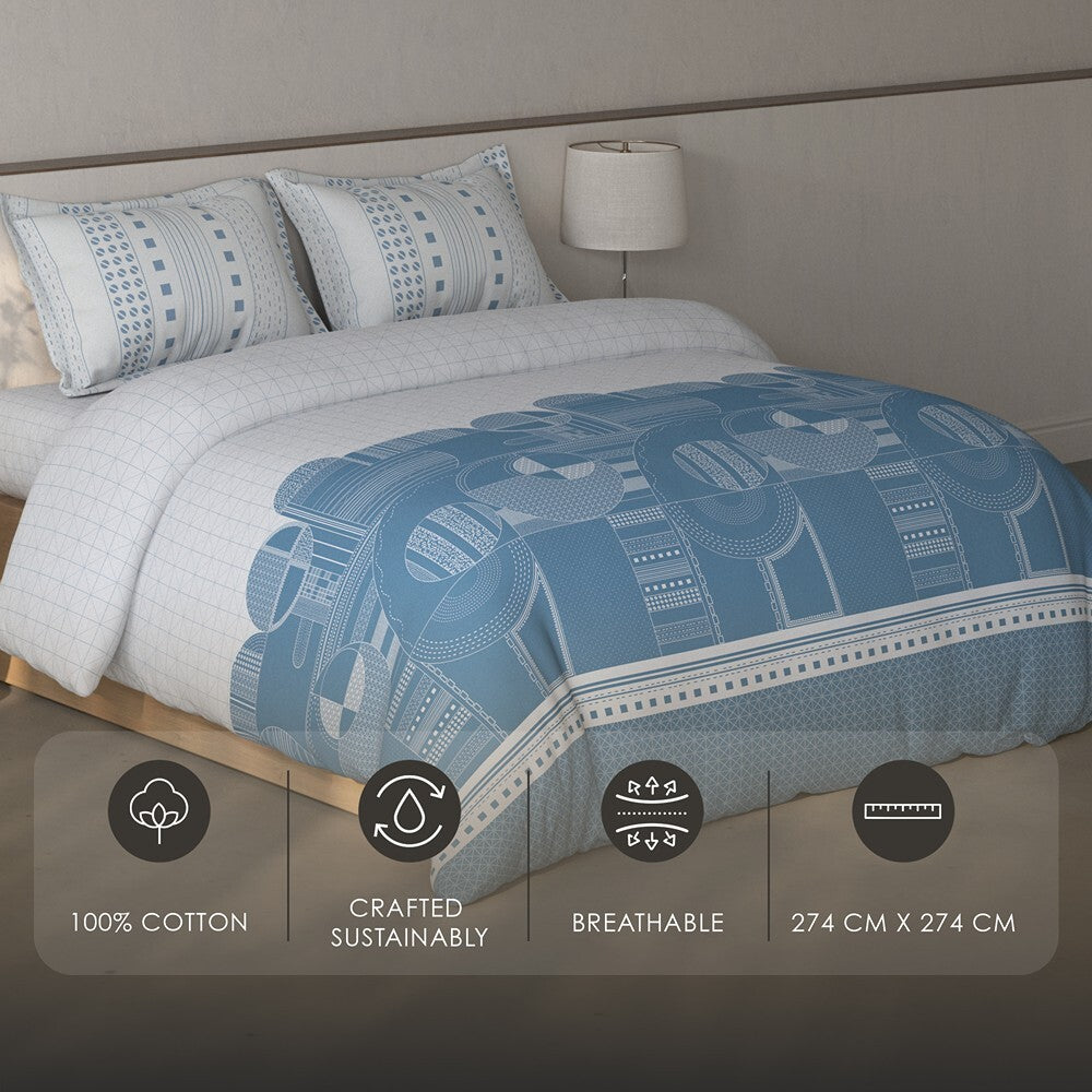 Spaces Fiora Geometric 100% Cotton Large Bedsheet with 2 Pillow Covers - 108 x 108 Inches, Light Grey