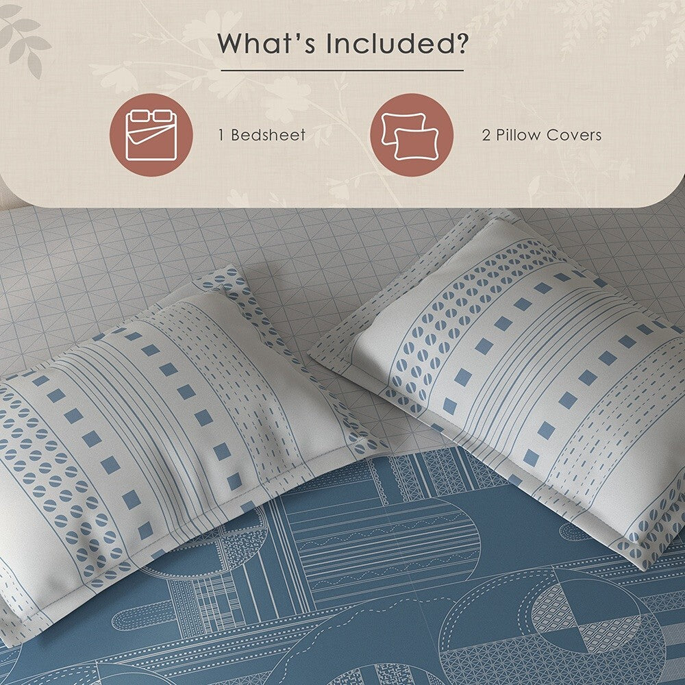 Spaces Fiora Geometric 100% Cotton Large Bedsheet with 2 Pillow Covers - 108 x 108 Inches, Light Grey