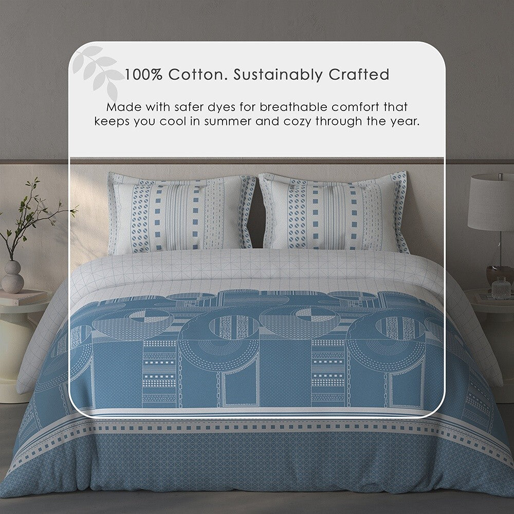 Spaces Fiora Geometric 100% Cotton Large Bedsheet with 2 Pillow Covers - 108 x 108 Inches, Light Grey