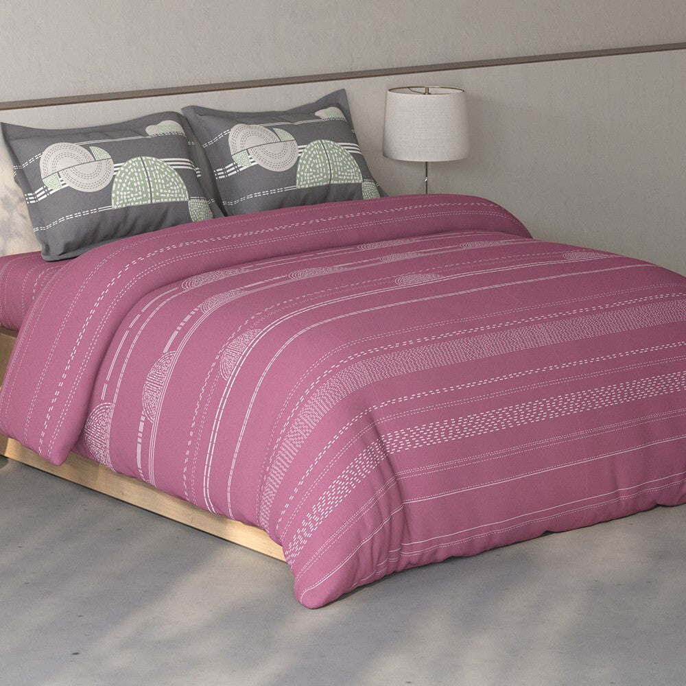 Spaces Fiora Geometric 100% Cotton Large Bedsheet with 2 Pillow Covers - 108 x 108 Inches, Dark Blush