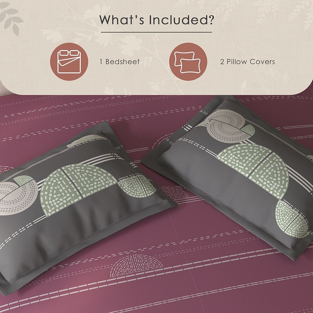 Spaces Fiora Geometric 100% Cotton Large Bedsheet with 2 Pillow Covers - 108 x 108 Inches, Dark Blush