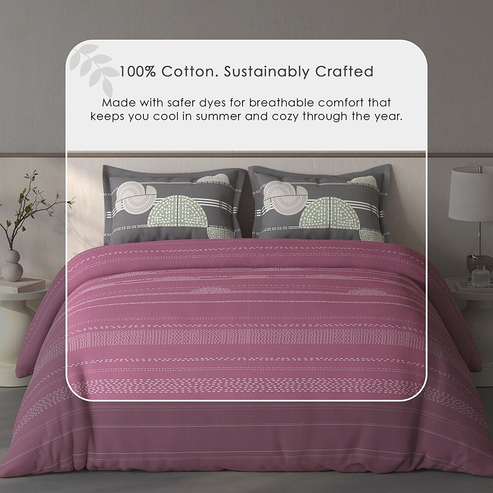 Spaces Fiora Geometric 100% Cotton Large Bedsheet with 2 Pillow Covers - 108 x 108 Inches, Dark Blush