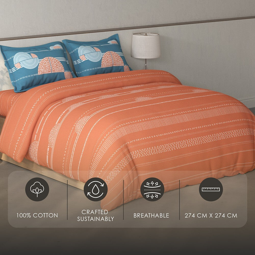 Spaces Fiora Geometric 100% Cotton Large Bedsheet with 2 Pillow Covers - 108 x 108 Inches, Rust
