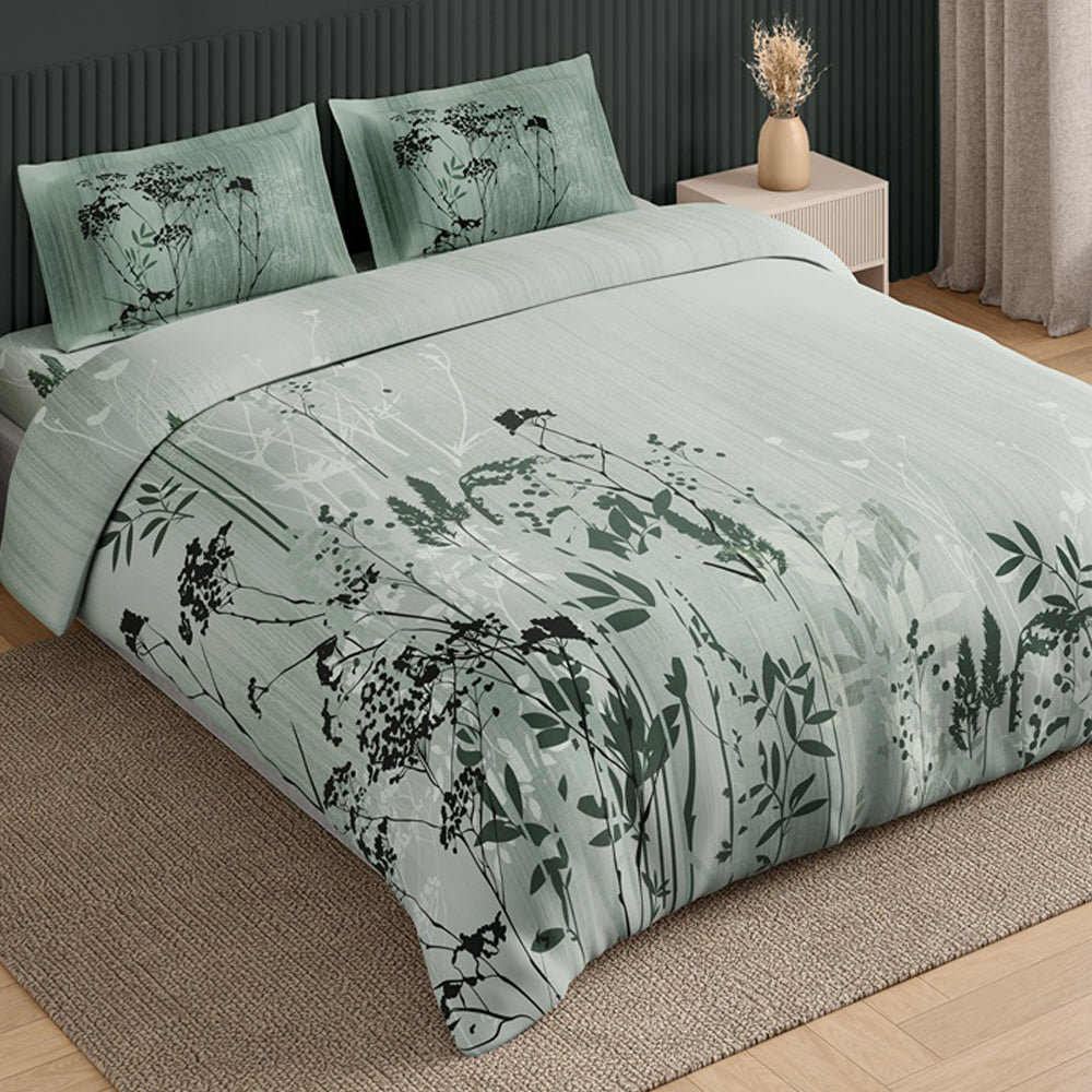 Spaces Neo Floral 100% Cotton Large Bedsheet with 2 Pillow Covers - 108 x 108 Inches, Light Green