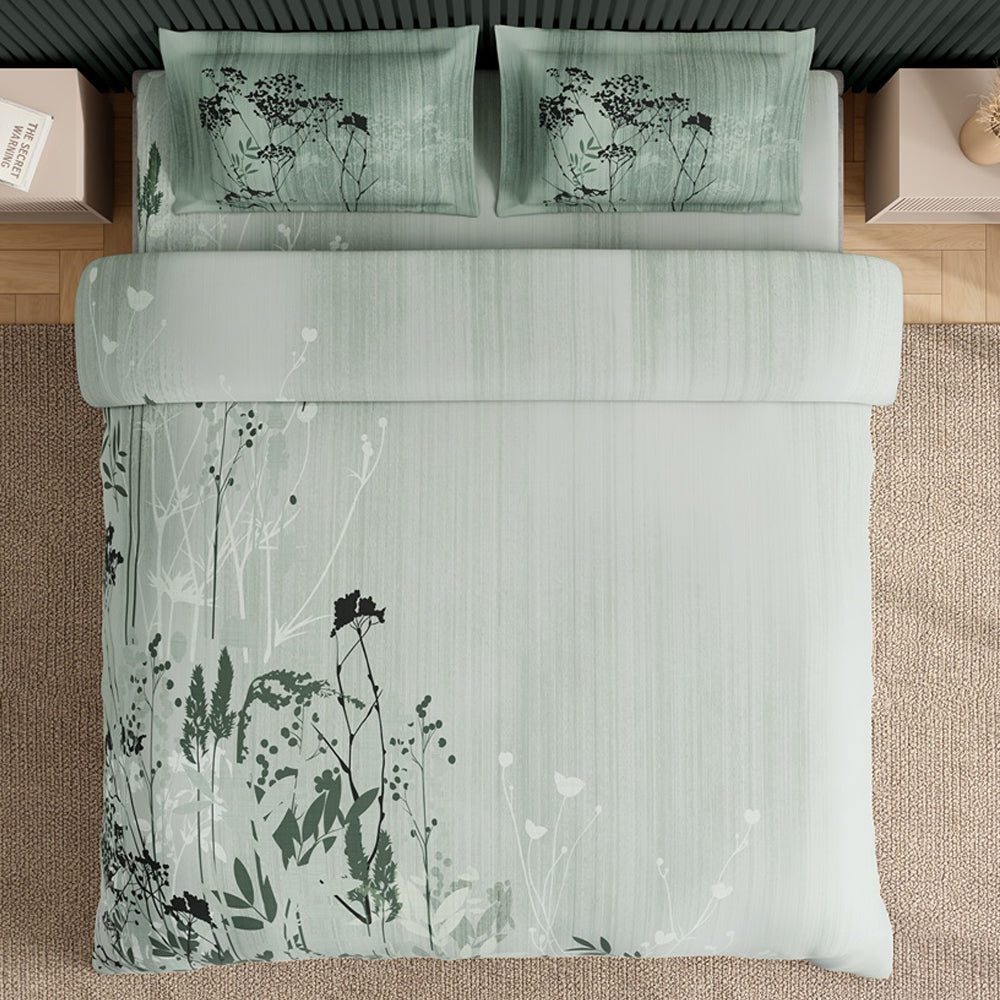 Spaces Neo Floral 100% Cotton Large Bedsheet with 2 Pillow Covers - 108 x 108 Inches, Light Green