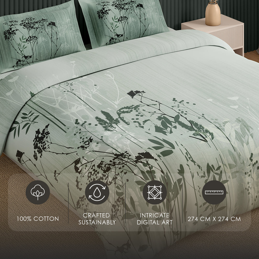 Spaces Neo Floral 100% Cotton Large Bedsheet with 2 Pillow Covers - 108 x 108 Inches, Light Green