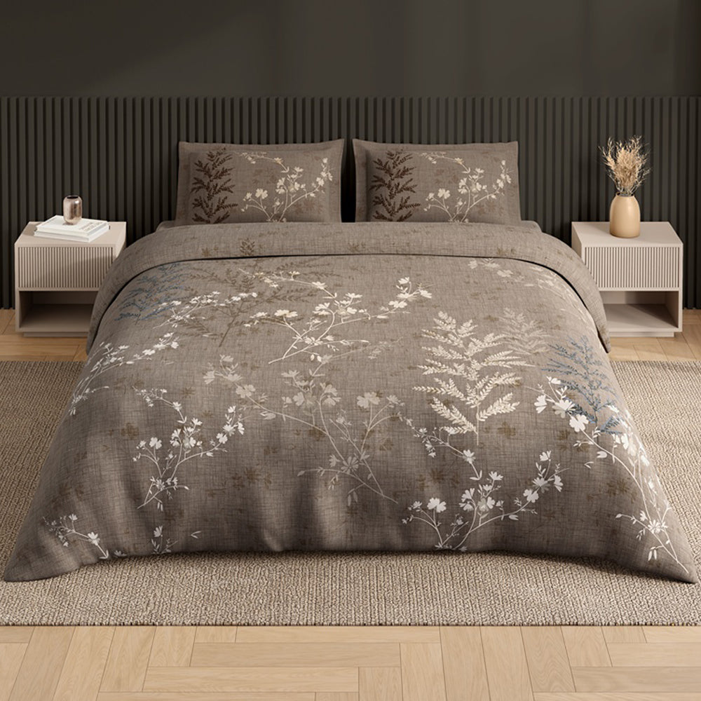 Spaces Neo Floral 100% Cotton Large Bedsheet with 2 Pillow Covers - 108 x 108 Inches, Light Taupe