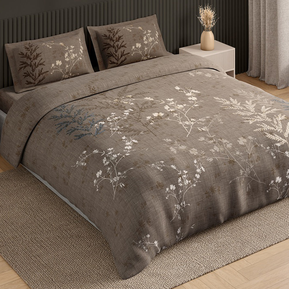 Spaces Neo Floral 100% Cotton Large Bedsheet with 2 Pillow Covers - 108 x 108 Inches, Light Taupe