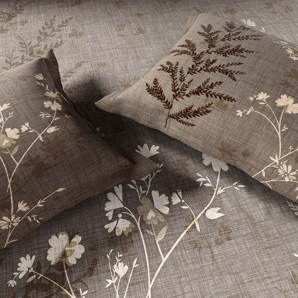 Spaces Neo Floral 100% Cotton Large Bedsheet with 2 Pillow Covers - 108 x 108 Inches, Light Taupe