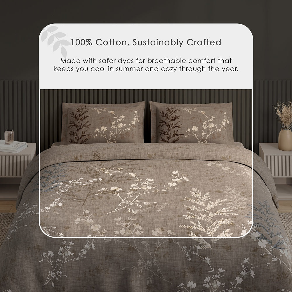 Spaces Neo Floral 100% Cotton Large Bedsheet with 2 Pillow Covers - 108 x 108 Inches, Light Taupe