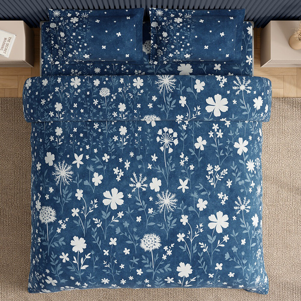 Spaces Neo Floral 100% Cotton Large Bedsheet with 2 Pillow Covers - 108 x 108 Inches, Dark Blue