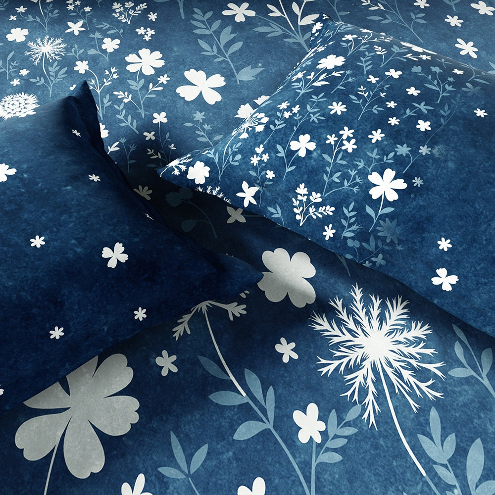 Spaces Neo Floral 100% Cotton Large Bedsheet with 2 Pillow Covers - 108 x 108 Inches, Dark Blue