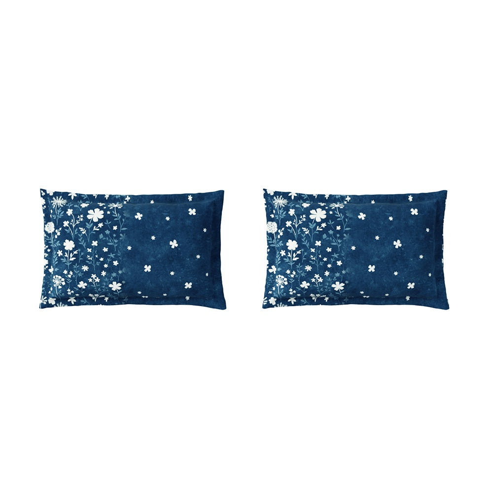 Spaces Neo Floral 100% Cotton Large Bedsheet with 2 Pillow Covers - 108 x 108 Inches, Dark Blue
