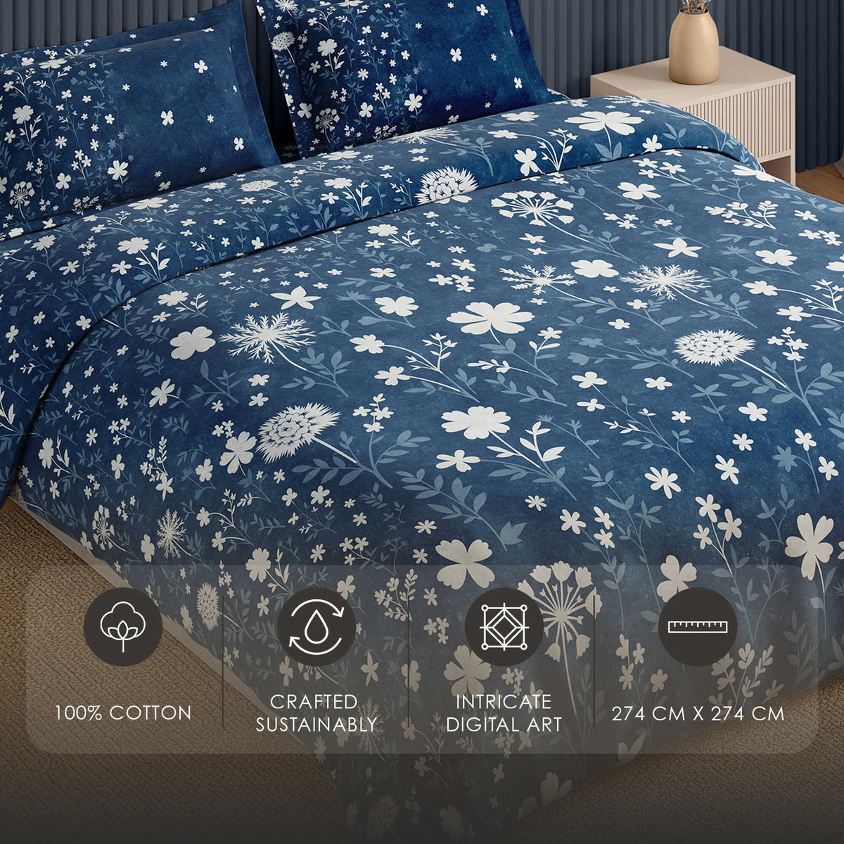 Spaces Neo Floral 100% Cotton Large Bedsheet with 2 Pillow Covers - 108 x 108 Inches, Dark Blue