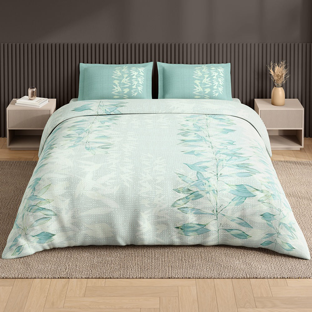 Spaces Neo Floral 100% Cotton Large Bedsheet with 2 Pillow Covers - 108 x 108 Inches, Light Blue