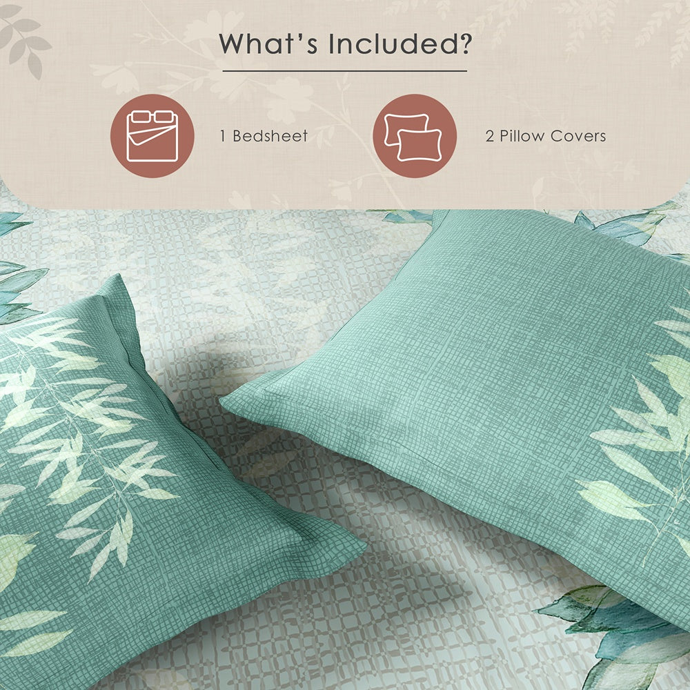 Spaces Neo Floral 100% Cotton Large Bedsheet with 2 Pillow Covers - 108 x 108 Inches, Light Blue