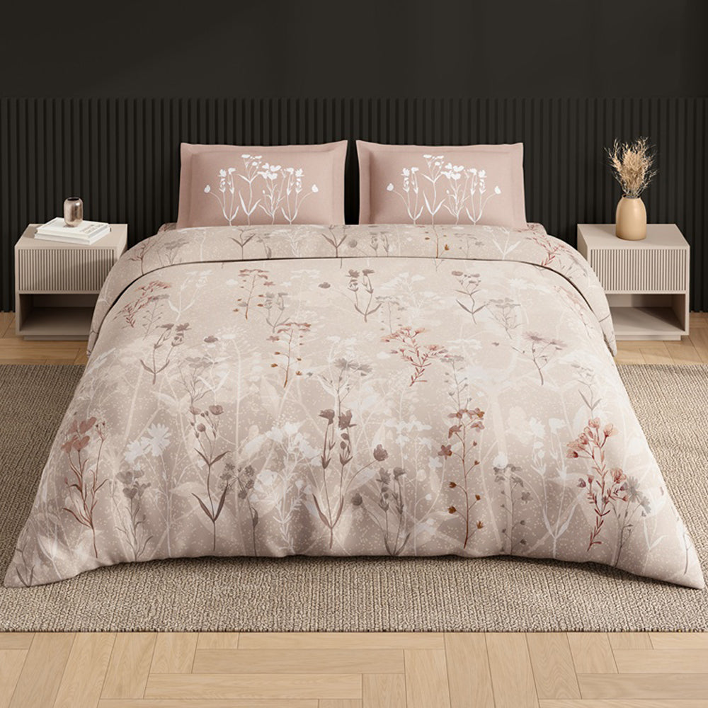 Spaces Neo Floral 100% Cotton Large Bedsheet with 2 Pillow Covers - 108 x 108 Inches, Light Beige