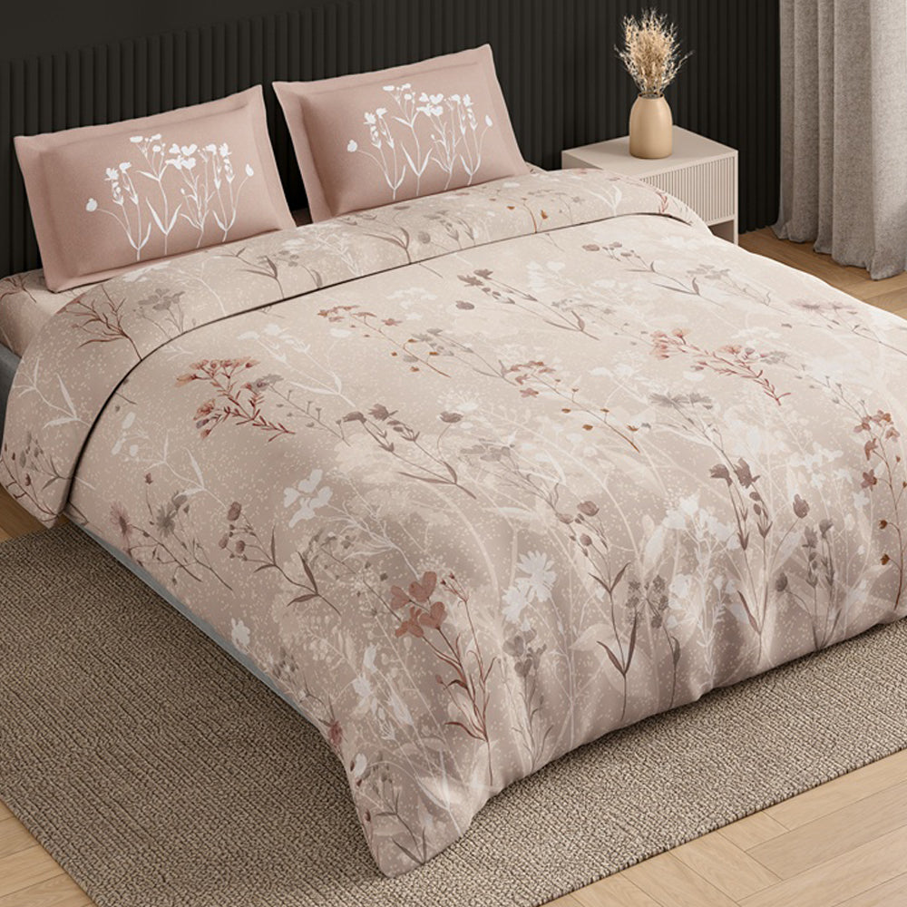 Spaces Neo Floral 100% Cotton Large Bedsheet with 2 Pillow Covers - 108 x 108 Inches, Light Beige