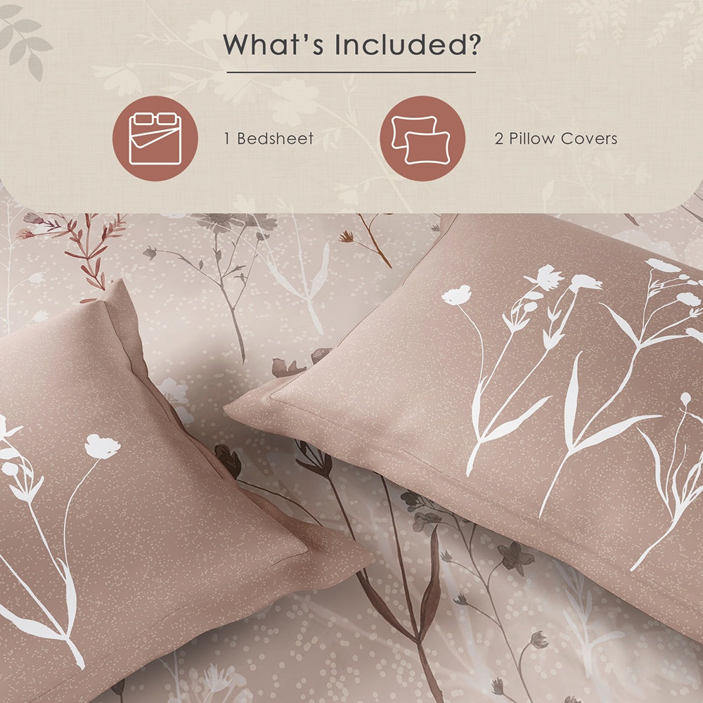 Spaces Neo Floral 100% Cotton Large Bedsheet with 2 Pillow Covers - 108 x 108 Inches, Light Beige