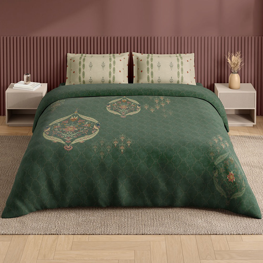 Spaces Neo Ornate 100% Cotton Large Bedsheet with 2 Pillow Covers - 108 x 108 Inches, Dark Green