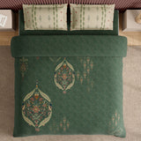 Spaces Neo Ornate 100% Cotton Large Bedsheet with 2 Pillow Covers - 108 x 108 Inches, Dark Green