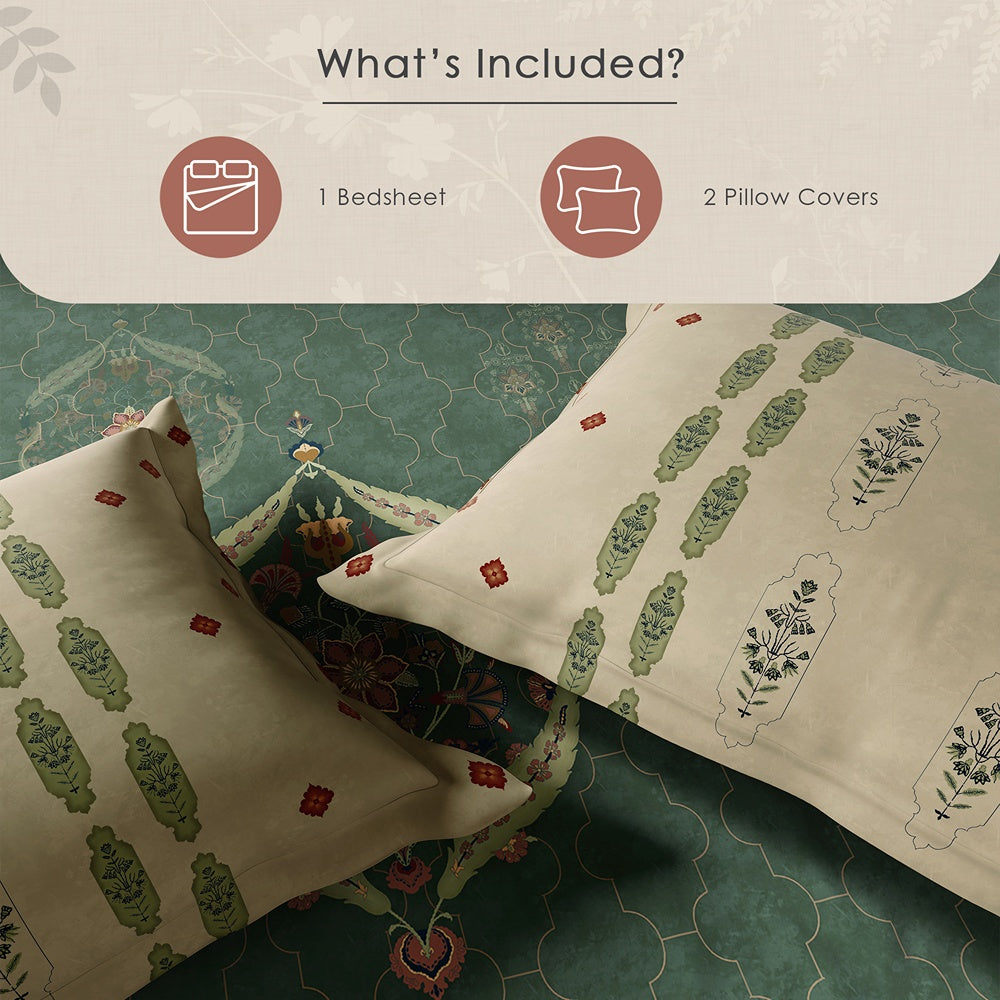 Spaces Neo Ornate 100% Cotton Large Bedsheet with 2 Pillow Covers - 108 x 108 Inches, Dark Green