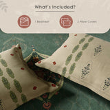 Spaces Neo Ornate 100% Cotton Large Bedsheet with 2 Pillow Covers - 108 x 108 Inches, Dark Green