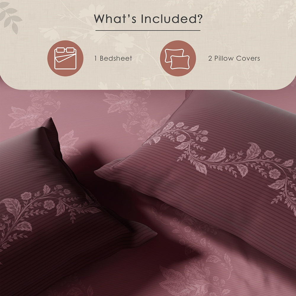 Spaces Neo Ornate 100% Cotton Large Bedsheet with 2 Pillow Covers - 108 x 108 Inches, Blush