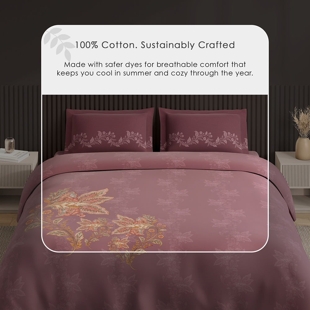 Spaces Neo Ornate 100% Cotton Large Bedsheet with 2 Pillow Covers - 108 x 108 Inches, Blush