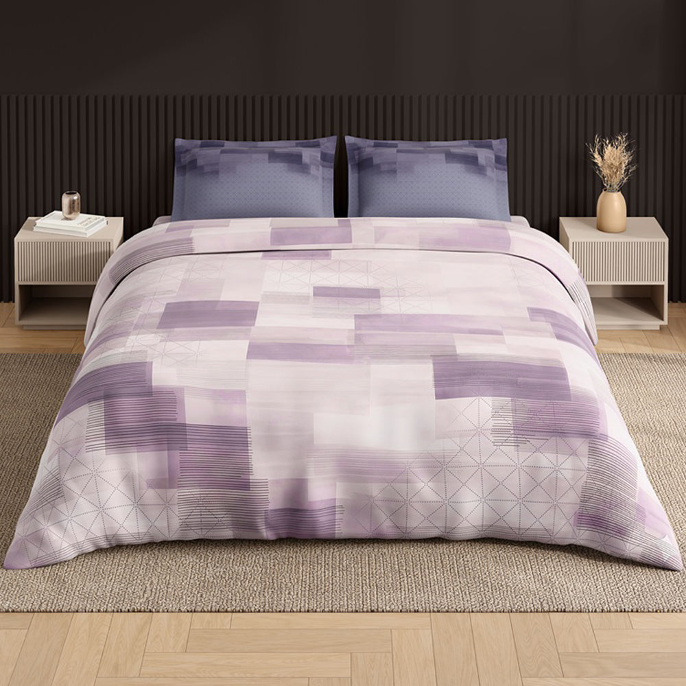 Spaces Neo Geometric 100% Cotton Large Bedsheet with 2 Pillow Covers - 108 x 108 Inches, Light Violet