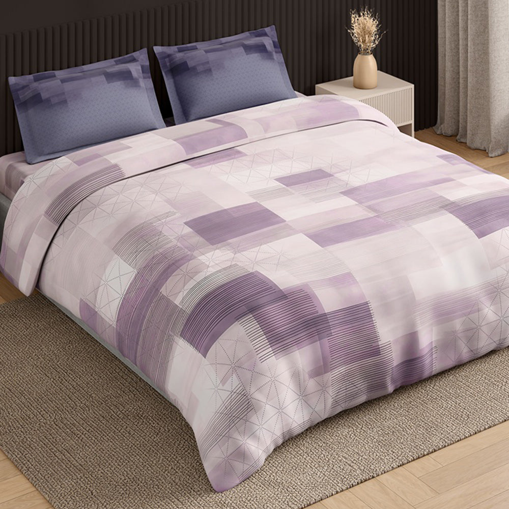 Spaces Neo Geometric 100% Cotton Large Bedsheet with 2 Pillow Covers - 108 x 108 Inches, Light Violet