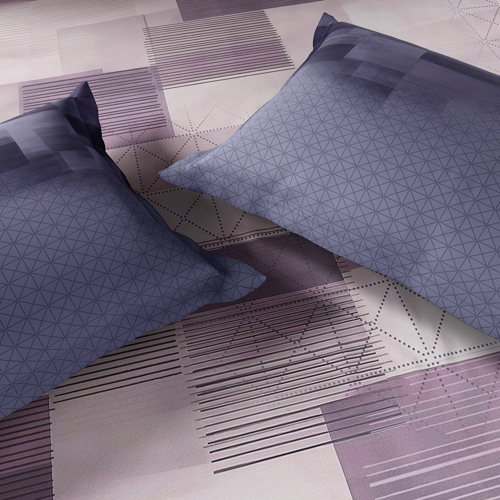 Spaces Neo Geometric 100% Cotton Large Bedsheet with 2 Pillow Covers - 108 x 108 Inches, Light Violet