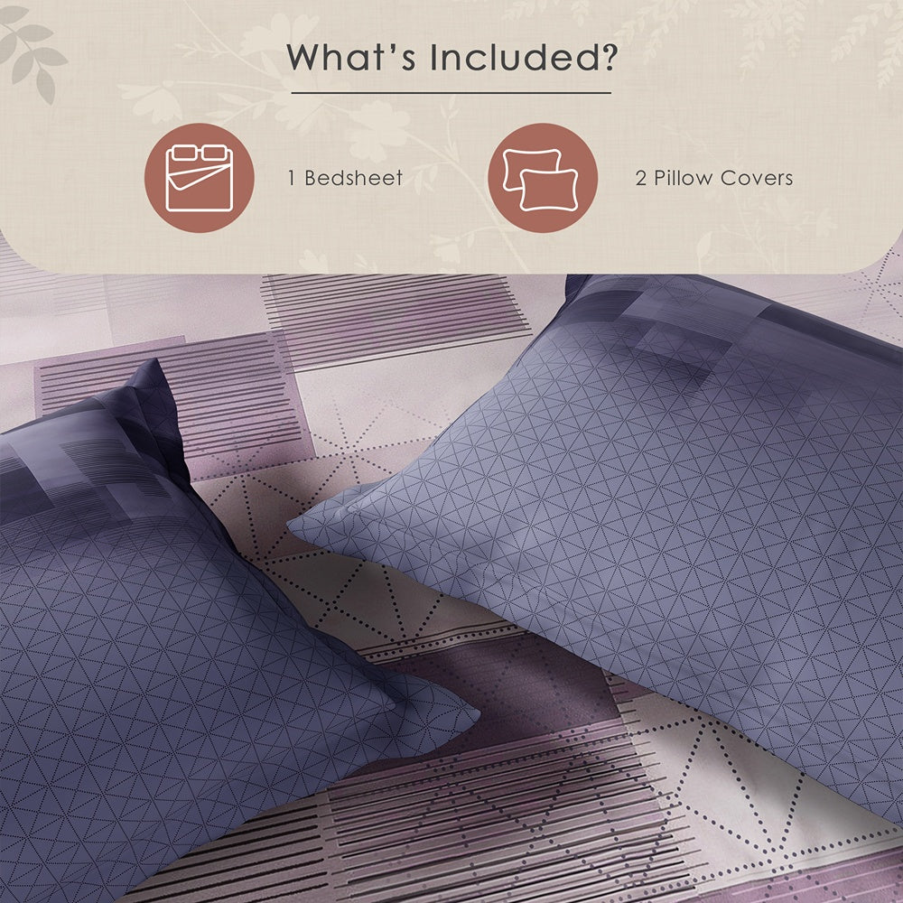 Spaces Neo Geometric 100% Cotton Large Bedsheet with 2 Pillow Covers - 108 x 108 Inches, Light Violet