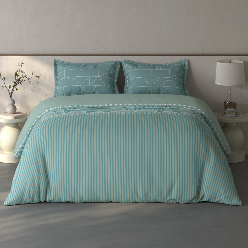Spaces Fiora 100% Cotton Geometric Double Bedsheet with 2 Pillow Covers - 90 x 108 Inches, Light Green