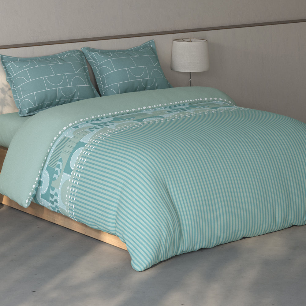 Spaces Fiora 100% Cotton Geometric Double Bedsheet with 2 Pillow Covers - 90 x 108 Inches, Light Green