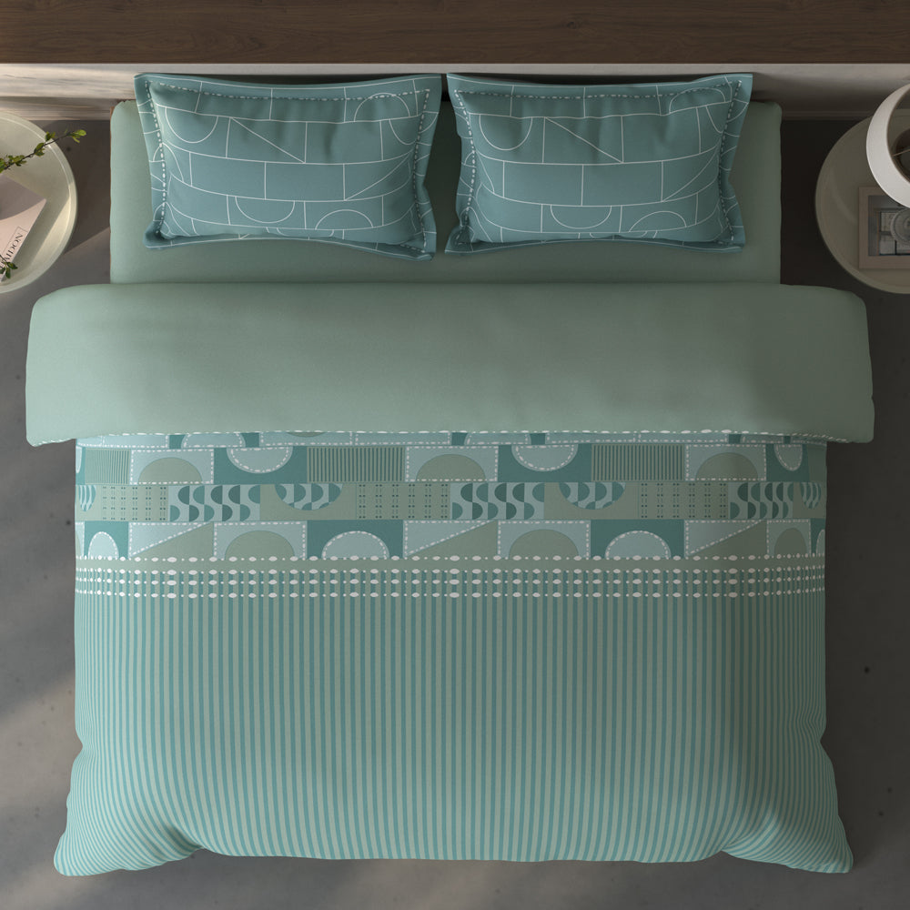 Spaces Fiora 100% Cotton Geometric Double Bedsheet with 2 Pillow Covers - 90 x 108 Inches, Light Green