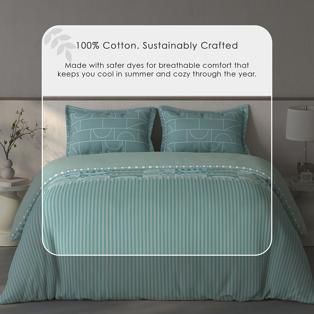 Spaces Fiora 100% Cotton Geometric Double Bedsheet with 2 Pillow Covers - 90 x 108 Inches, Light Green