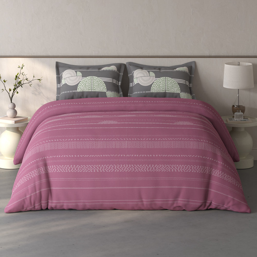 Spaces Fiora 100% Cotton Geometric Double Bedsheet with 2 Pillow Covers - 90 x 108 Inches, Dark Blush