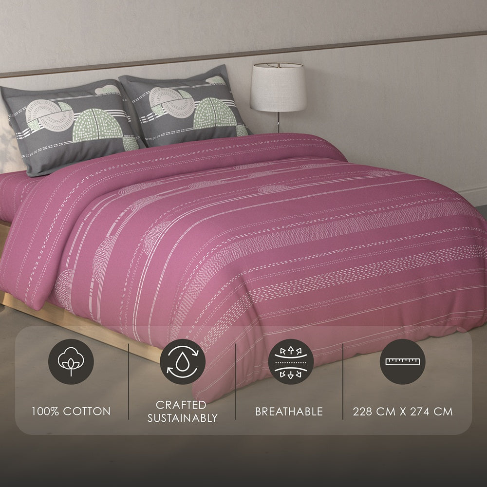 Spaces Fiora 100% Cotton Geometric Double Bedsheet with 2 Pillow Covers - 90 x 108 Inches, Dark Blush