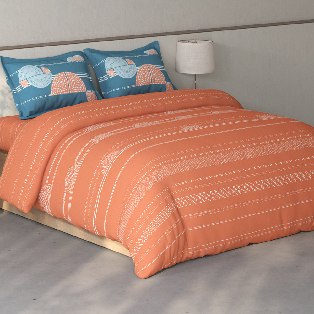 Spaces Fiora 100% Cotton Geometric Double Bedsheet with 2 Pillow Covers - 90 x 108 Inches, Rust